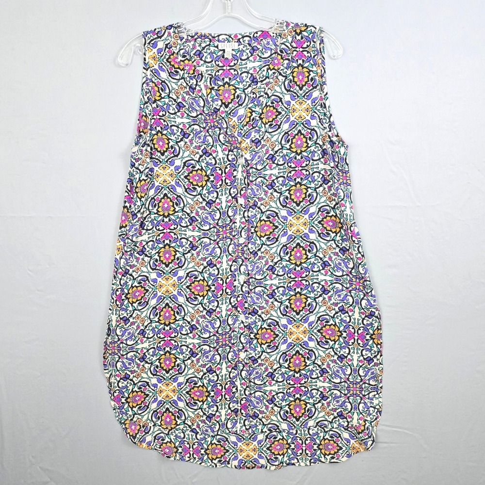 Spense Sleeveless V-Neck Round‎ Hem Sheer Multicolor Print Sheer Tunic M